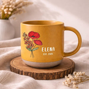 Engraved Birth Flower Coffee Mug, Personalized Pottery Gift, New Grandma Gift, Pregnancy Announcement Mug, Gift for Mom Grandma
