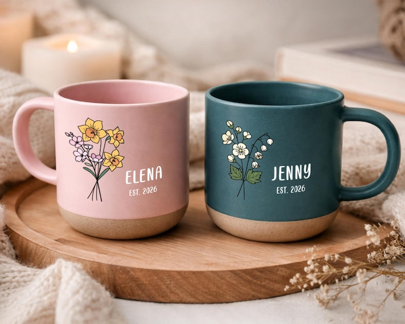 Engraved Birth Flower Coffee Mug, Personalized Pottery Gift, New Grandma Gift, Pregnancy Announcement Mug, Gift for Mom Grandma