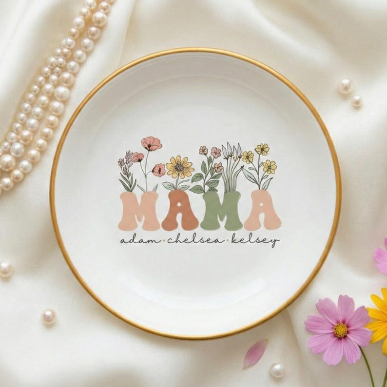 Mama Ring Dish With Kids Names, Personalized Mama Wildflowers Dish, Mama Trinket Tray, Custom Mom Jewelry Dish, Mother's Day Gift