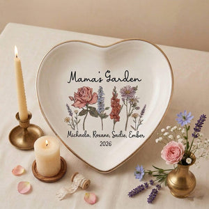 Personalized Mama s Garden Birth Flower Ring Dish, Custom Mom Jewelry Dish with Kids Names, Floral Trinket Dish, Mother s Day Gift for Mom