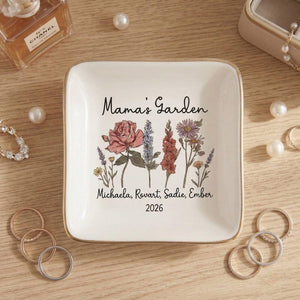Personalized Mama's Garden Birth Flower Ring Dish, Custom Mom Jewelry Dish with Kids Names, Floral Trinket Dish, Mother's Day Gift For Mom