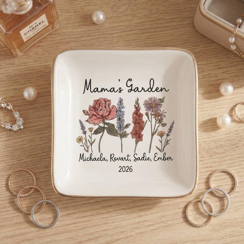 Personalized Mama s Garden Birth Flower Ring Dish, Custom Mom Jewelry Dish with Kids Names, Floral Trinket Dish, Mother s Day Gift for Mom