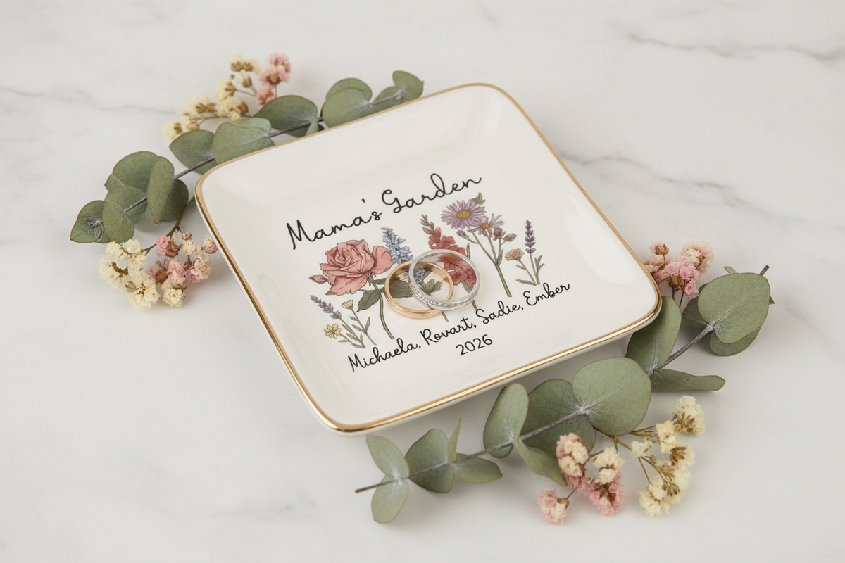 Personalized Mama s Garden Birth Flower Ring Dish, Custom Mom Jewelry Dish with Kids Names, Floral Trinket Dish, Mother s Day Gift for Mom