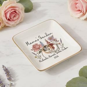 Personalized Mama s Garden Birth Flower Ring Dish, Custom Mom Jewelry Dish with Kids Names, Floral Trinket Dish, Mother s Day Gift for Mom