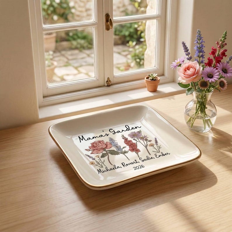 Personalized Mama s Garden Birth Flower Ring Dish, Custom Mom Jewelry Dish with Kids Names, Floral Trinket Dish, Mother s Day Gift for Mom