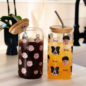 Custom Pet Portrait Glass Cup with Bamboo Lid, Personalized Dog Face Glass Can with Straw, Custom 16oz Iced Coffee Glass Tumbler with Photo