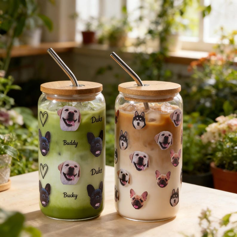 Custom Pet Portrait Glass Cup with Bamboo Lid, Personalized Dog Face Glass Can with Straw, Custom 16oz Iced Coffee Glass Tumbler with Photo