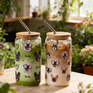 Custom Pet Portrait Glass Cup with Bamboo Lid, Personalized Dog Face Glass Can with Straw, Custom 16oz Iced Coffee Glass Tumbler with Photo
