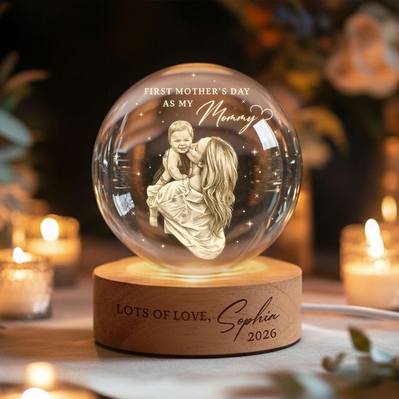 First Mother's Day Photo Crystal Ball Night Light, Personalised Mum Gift New Mum Gift 1st Mothers Day Present from Baby Keepsake, Mama Mom