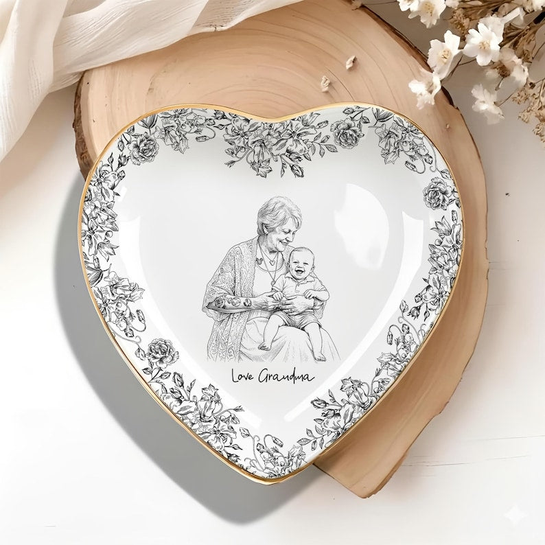 Personalized Mom Photo Jewelry Dish, Mother Of The Bride Gift, Custom Mom Ring Dish, Wedding Day Gift For Mom, Floral Trinket Dish
