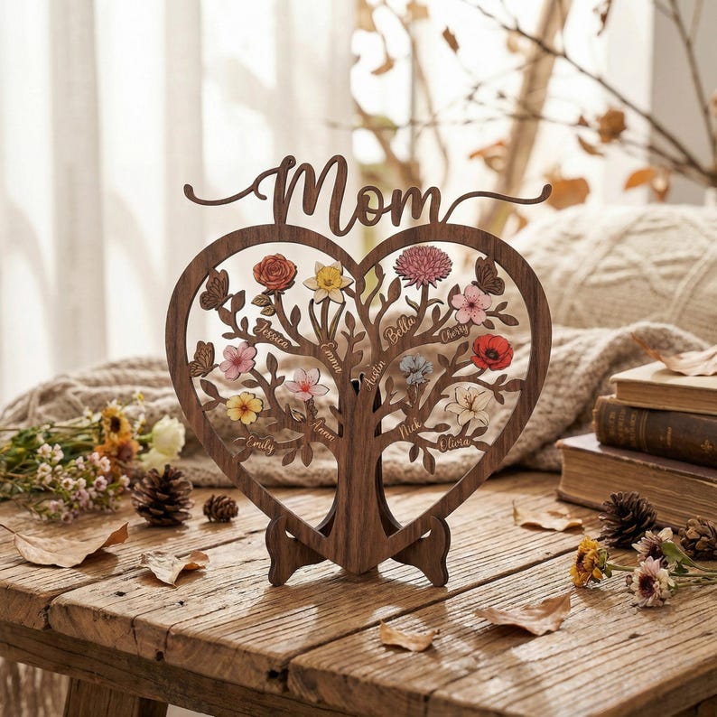 Personalized Family Tree Wooden Sign with Names | Heart Wood Decor | Mother's Day Gift