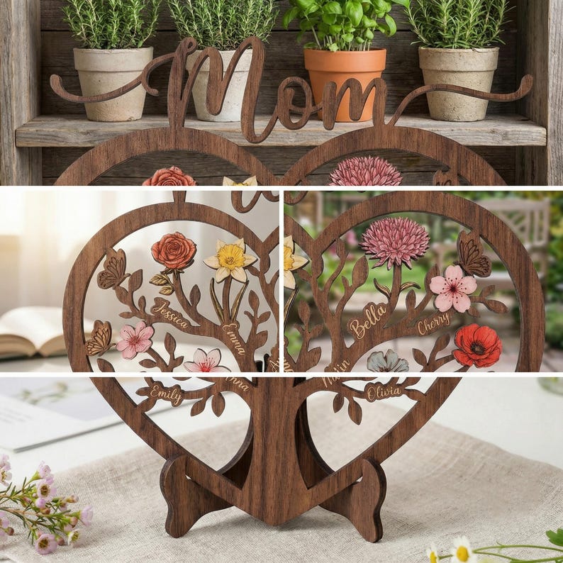 Personalized Family Tree Wooden Sign with Names | Heart Wood Decor | Mother's Day Gift