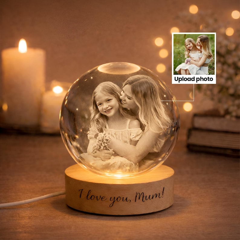 Personalized Mom Photo Crystal Ball Night Light, Mom Daughter Portrait Night Light, Photo Crystal Light, Mothers Day Gift, Gift for Mama Mom