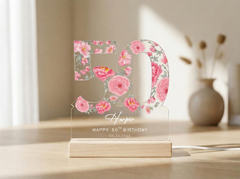 50th Birthday Gift for Women, Personalized Birthday Light For Any Age, Custom Pink Flower Night Lamp, Mom Gifts