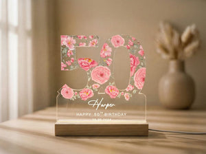 50th Birthday Gift for Women, Personalized Birthday Light For Any Age, Custom Pink Flower Night Lamp, Mom Gifts
