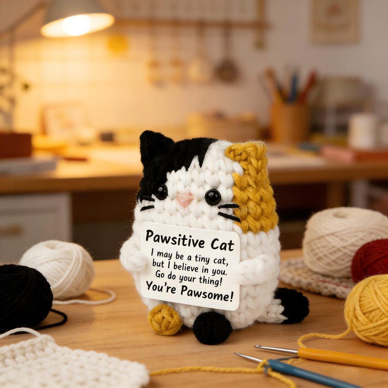 Handmade Crochet Calico Cat Plush | Positive Energy Desk Buddy | Emotional Support Stuffed Animal