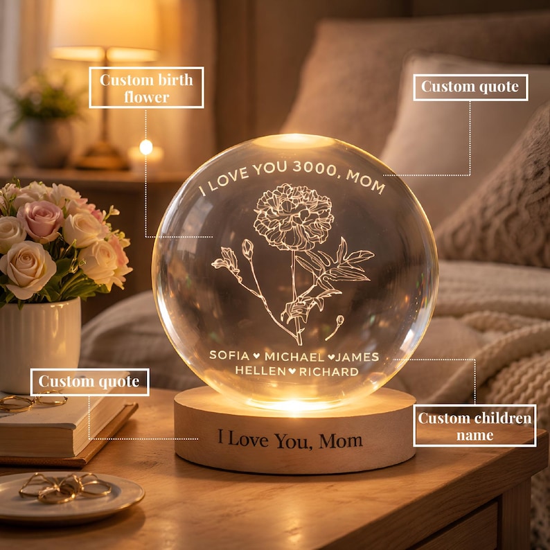 Custom Mom Birthday Flower Night Light, Mom Birth Flower Gift, Custom Ball Night Light, Mothers Day Gift, Gift For Mom Mama Gift Custom Lamp