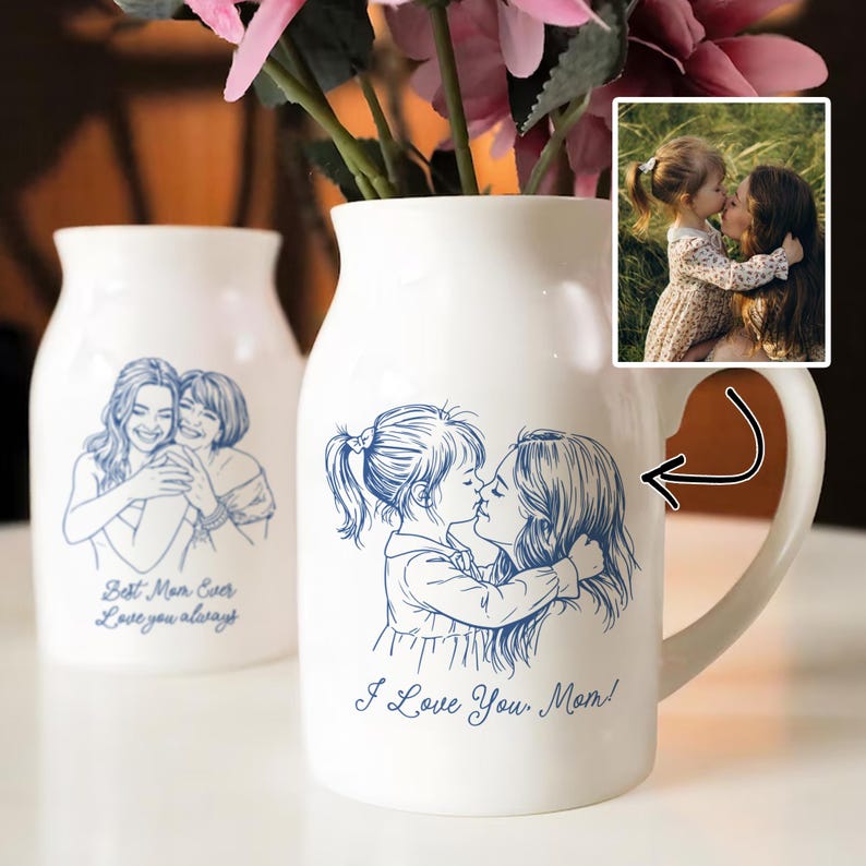 Custom Photo Vase, Personalized Family Photo Vase, Line Art Portrait Vase, Love Makes a Family Gift, Custom Picture Flower Vase