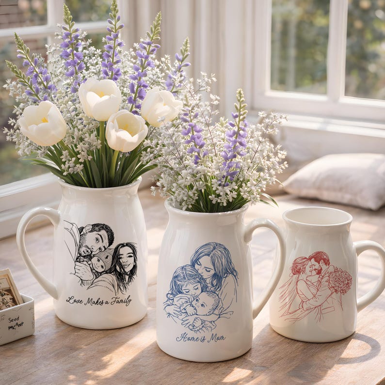 Custom Photo Vase, Personalized Family Photo Vase, Line Art Portrait Vase, Love Makes a Family Gift, Custom Picture Flower Vase