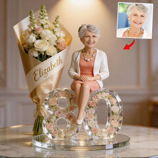 Gift For Her - Flower Bouquet And Number - Personalized Birthday Custom Shaped Acrylic Plaque