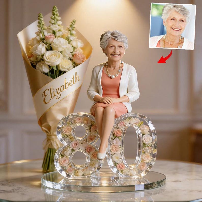 Gift For Her - Flower Bouquet And Number - Personalized Birthday Custom Shaped Acrylic Plaque