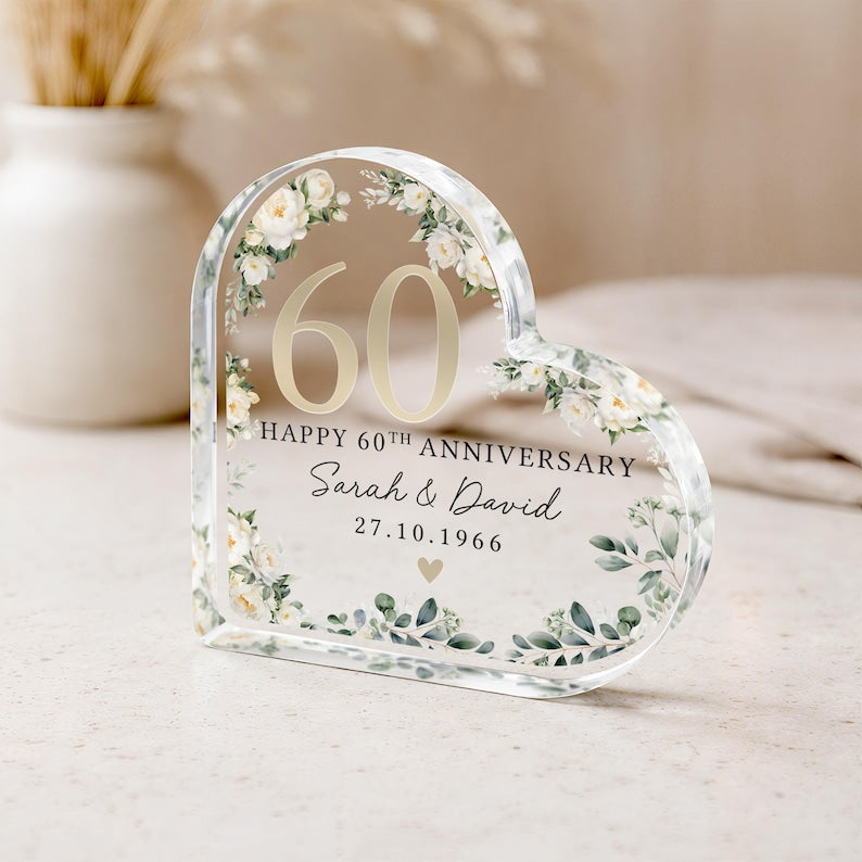 Personalized 60th Wedding Anniversary Gift Plaque, Polished Clear Acrylic Heart Special Date Keepsake