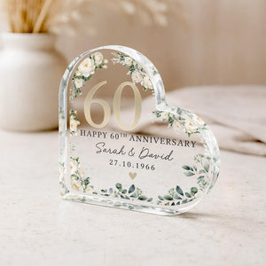 Personalized 60th Wedding Anniversary Gift Plaque, Polished Clear Acrylic Heart Special Date Keepsake