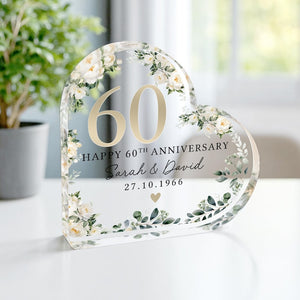 Personalized 60th Wedding Anniversary Gift Plaque, Polished Clear Acrylic Heart Special Date Keepsake