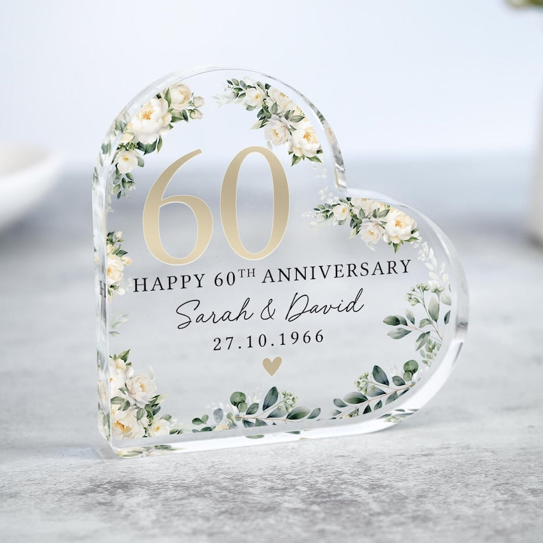 Personalized 60th Wedding Anniversary Gift Plaque, Polished Clear Acrylic Heart Special Date Keepsake
