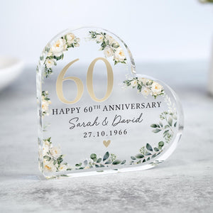 Personalized 60th Wedding Anniversary Gift Plaque, Polished Clear Acrylic Heart Special Date Keepsake