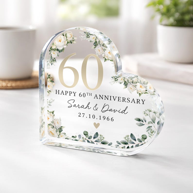 Personalized 60th Wedding Anniversary Gift Plaque, Polished Clear Acrylic Heart Special Date Keepsake