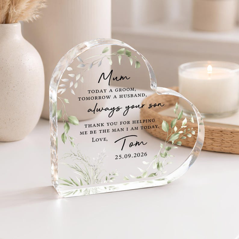 Personalised Mother of the Groom Gift, Parents of the Groom Bride Keepsake Heart Frame, Polished Acrylic