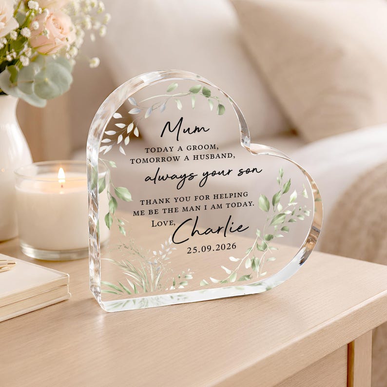 Personalised Mother of the Groom Gift, Parents of the Groom Bride Keepsake Heart Frame, Polished Acrylic