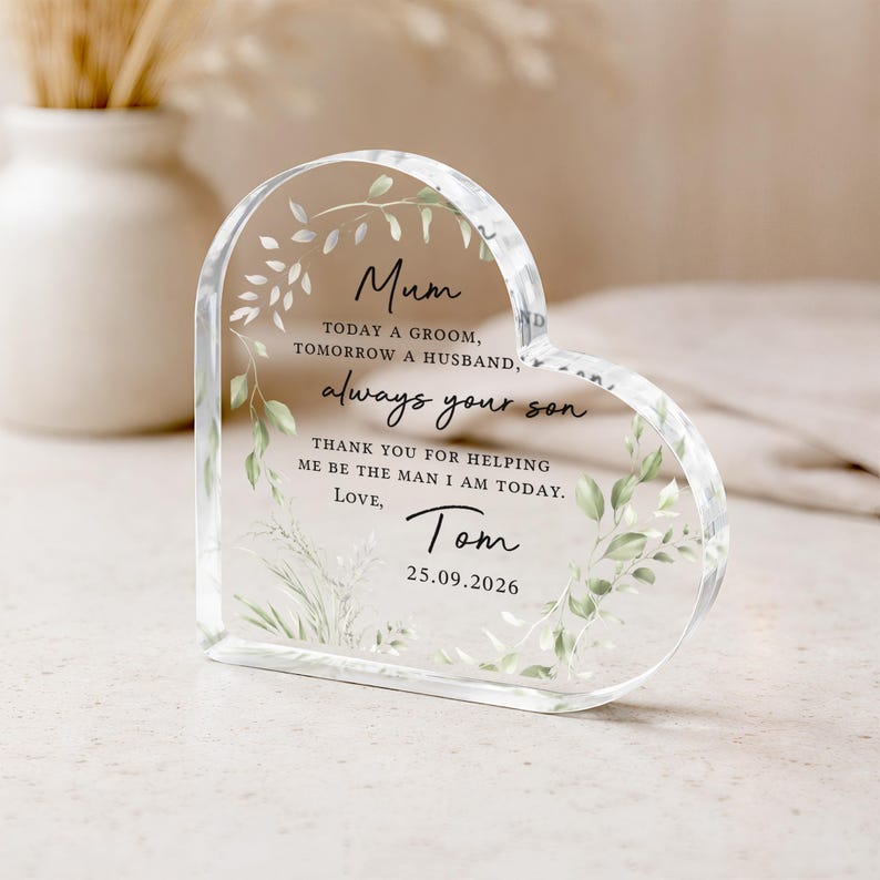 Personalised Mother of the Groom Gift, Parents of the Groom Bride Keepsake Heart Frame, Polished Acrylic