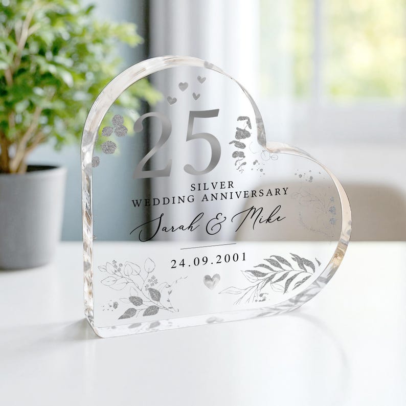 Personalised 25th Wedding Anniversary Gift, Silver Anniversary Plaque for Mum Dad Grandparents, Polished Acrylic