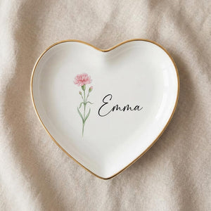 Mother's Day Gift, Personalized Ceramic Trinket Dish, Birth Flower Jewelry Tray for Mom, Custom Name Gift, Gold Rim Tray, Birthday Present