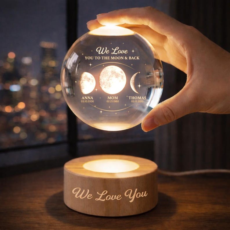 Personalized Mom Moon Phase Crystal Globe Night Light, Custom Moon Phase by Date, Mother's Day Gift, Grandma Gift, The Day You Became My Mom