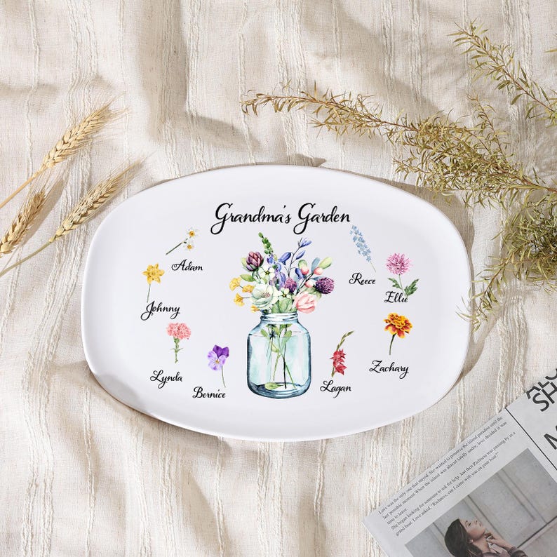 Personalized Grandma's Garden Platter with Grandkids Birth Flowers, Custom Mother's Day Gift for Nana, Birth Flower Serving Tray, Mimi Gift