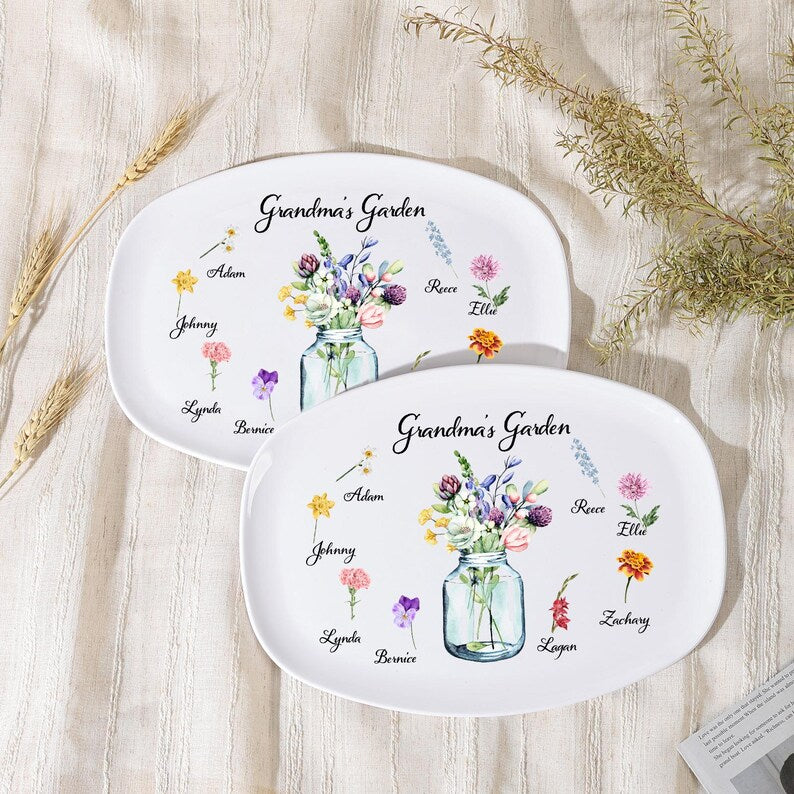 Personalized Grandma's Garden Platter with Grandkids Birth Flowers, Custom Mother's Day Gift for Nana, Birth Flower Serving Tray, Mimi Gift