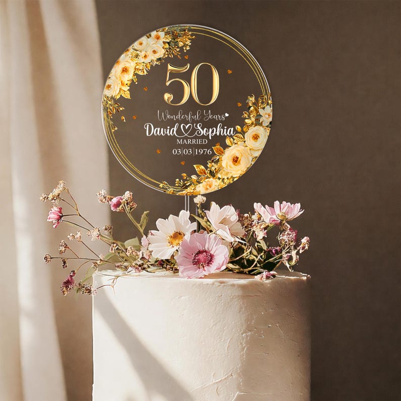 Personalized 50th Wedding Anniversary Acrylic Cake Topper, 50 Gold Wedding Gifts For Parents, Golden 50 Anniversary Gift, Husband Gift