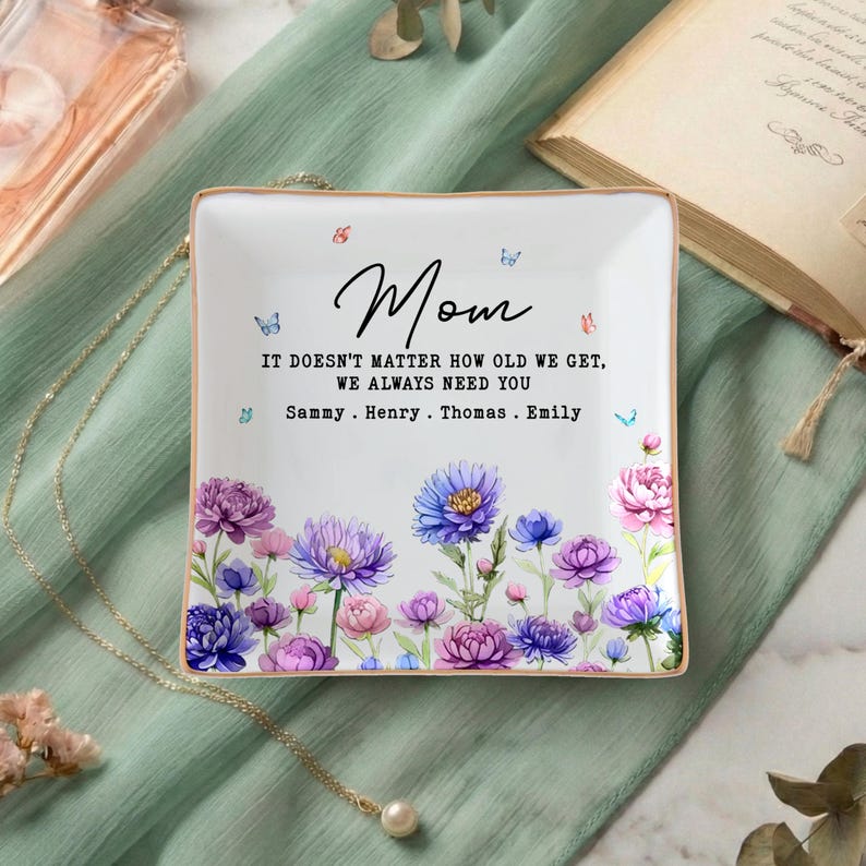 Personalized Mom Jewelry Dish with Kids Names, Custom Mother Gift Trinket Dish, Floral Mom Ring Holder, Mother s Day Keepsake Gift