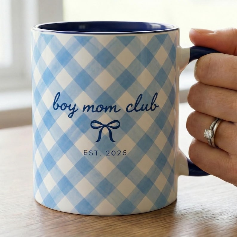 Boy Mom Club Mug, Custom Blue Pastel Coffee Cup, Coquette Mother's Day Accent Mug, Personalized Gift For Mom Mommy