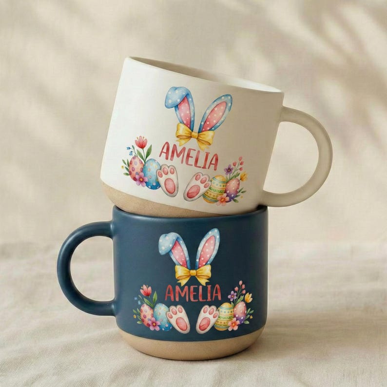 Easter Mugs With Name, Custom Name Mug, Easter Coffee Mug, Easter Pottery Mug, Personalized Easter Kids Mug, Personalized Bunny Mug