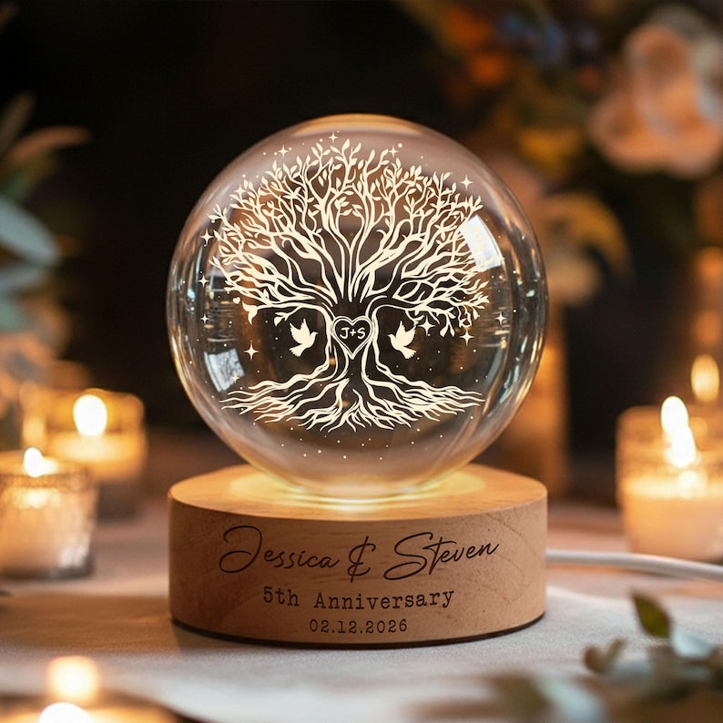Tree of Love Personalized Couples Crystal LED Ball Light, Custom Wedding Anniversary Gift, Couple Gift, Gift For Mom, Dad, Wedding Gift