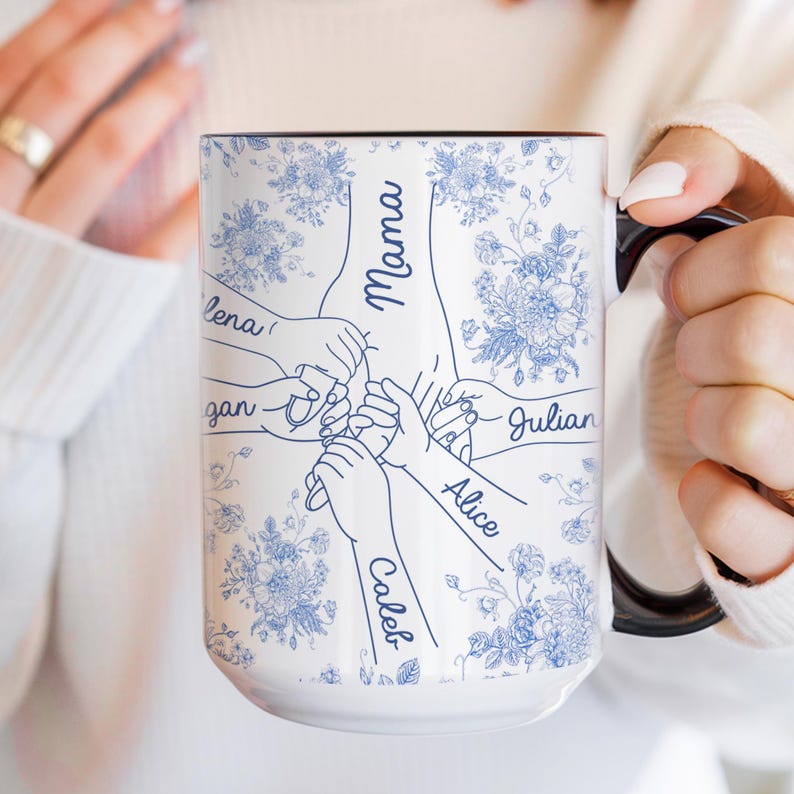 Personalized Holding Hands Grandma Mug, Toile De Jouy Mug Gift for Nana, Mother's Day Gift from Grandkids