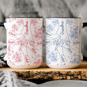 Personalized Holding Hands Grandma Mug, Toile De Jouy Mug Gift for Nana, Mother's Day Gift from Grandkids