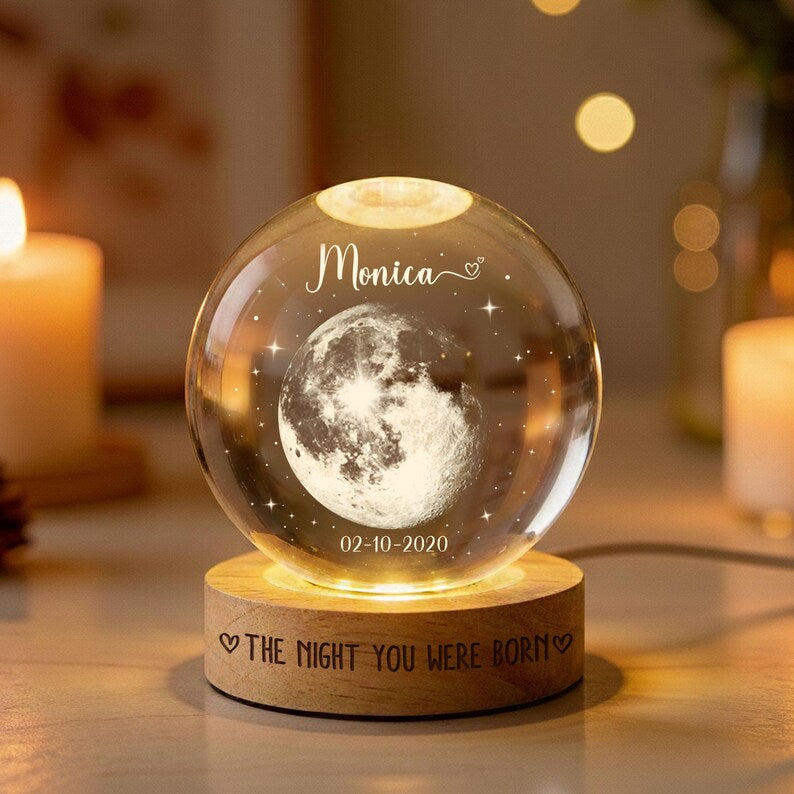Personalized Moon Phase by Date, Custom Crystal Ball LED Night Light, The Day You Were Born, Baby Shower Gift, Mother's Day Gift, Birthday