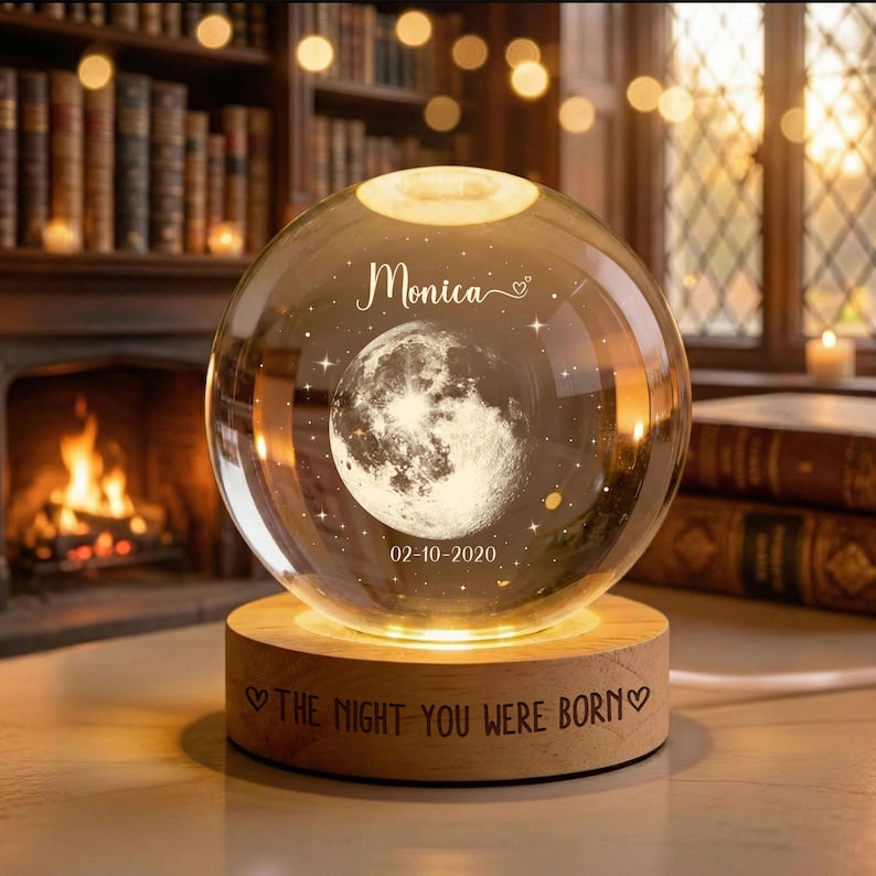 Personalized Moon Phase by Date, Custom Crystal Ball LED Night Light, The Day You Were Born, Baby Shower Gift, Mother's Day Gift, Birthday