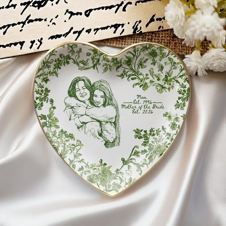 Personalized Mother of the Bride Photo Jewelry Dish, Custom Toile De Jouy Mom Photo Ring Dish, MOB MOG Wedding Gift from Daughter