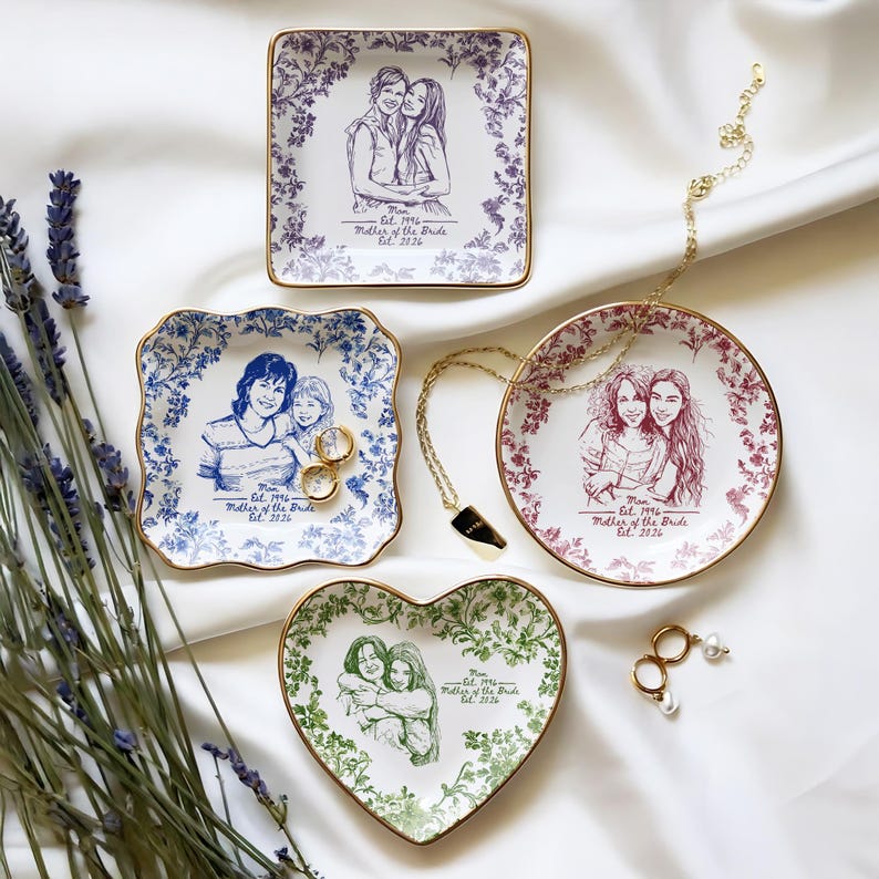 Personalized Mother of the Bride Photo Jewelry Dish, Custom Toile De Jouy Mom Photo Ring Dish, MOB MOG Wedding Gift from Daughter
